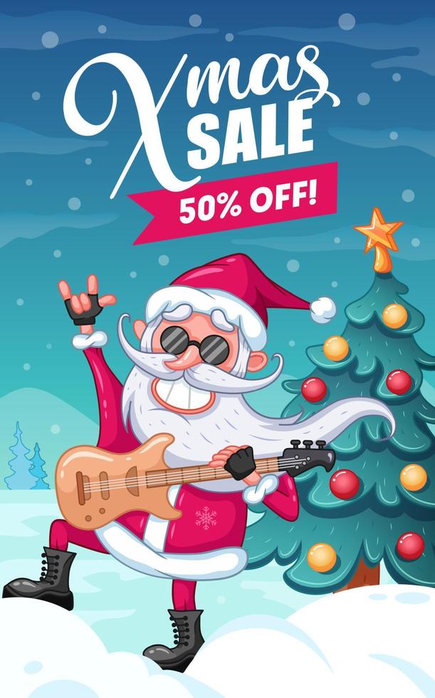 Christmas sale. Advertising banner. Cool Santa Claus with electric guitar and christmas tree vector