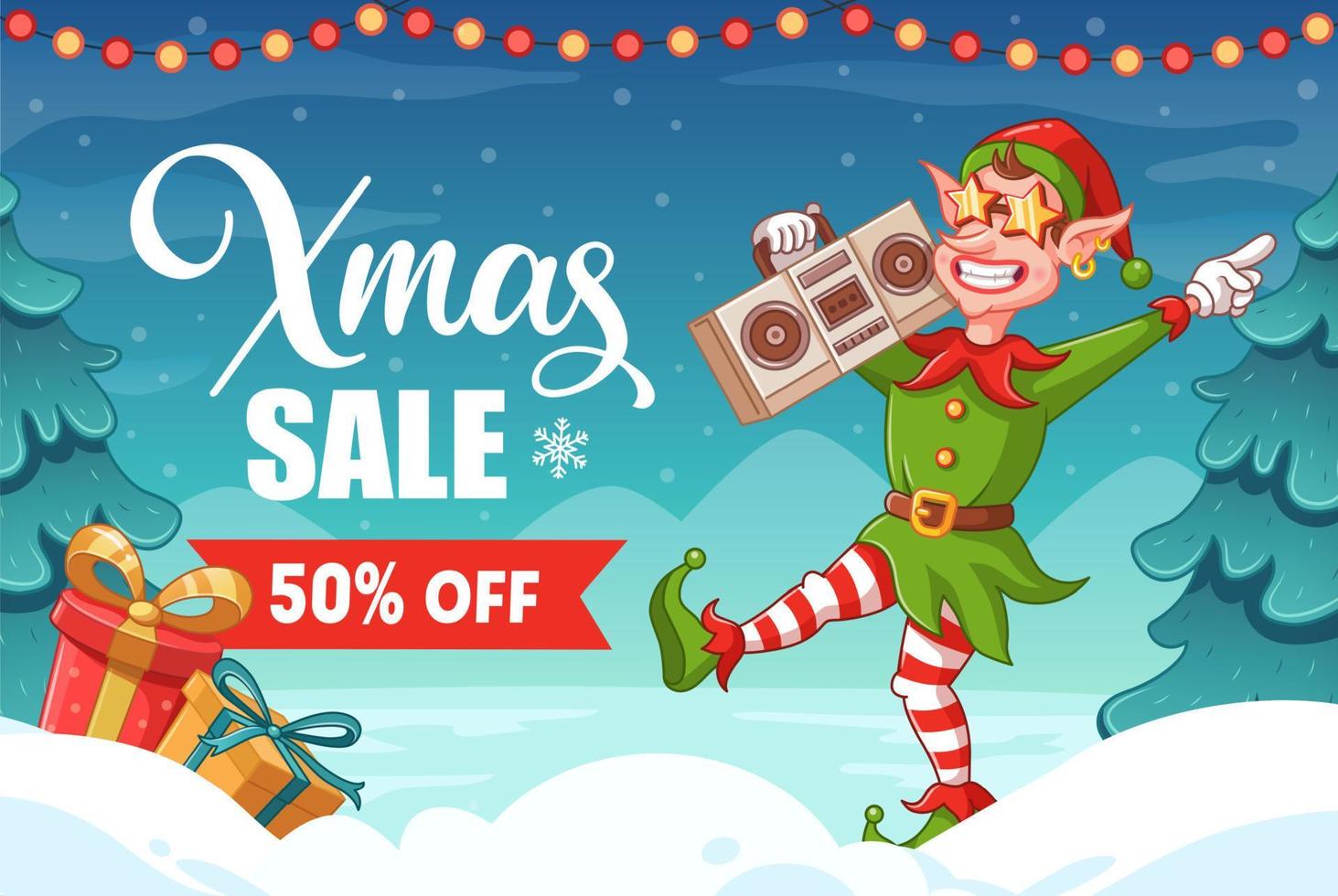 Christmas sale. Advertising banner. Dancing christmas elf with audio recorder. Vector illustration