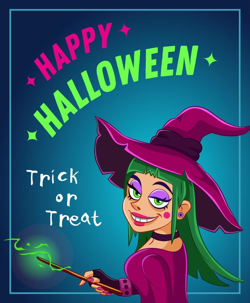 Happy halloween greeting card. Smiling witch with a magic wand. Vector illustration