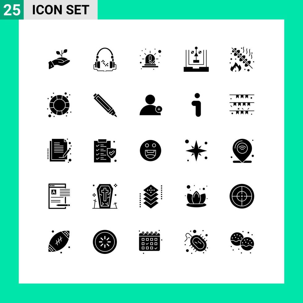 Set of 25 Commercial Solid Glyphs pack for develop siren music red emergency Editable Vector Design Elements