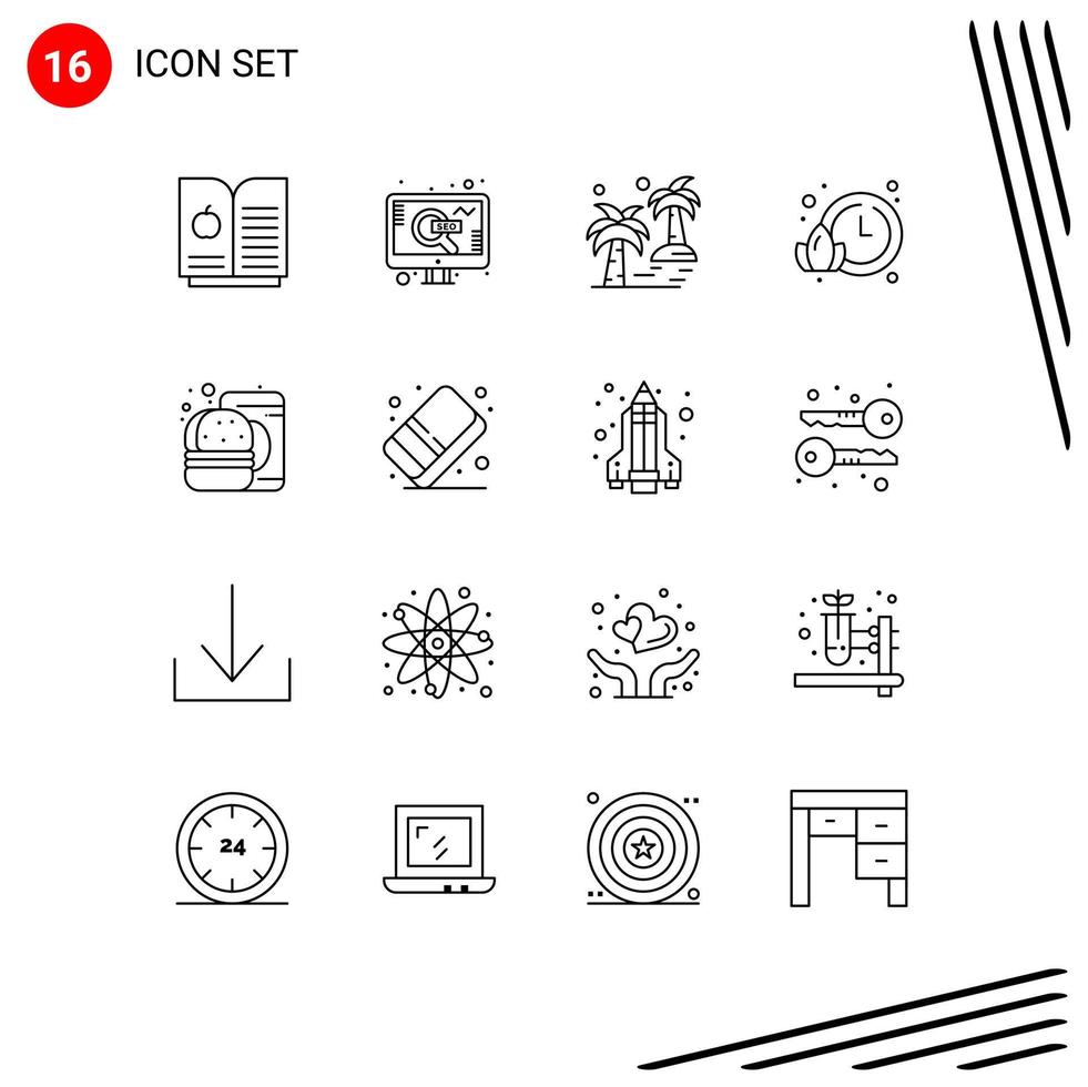 Set of 16 Vector Outlines on Grid for food drink tree burger time Editable Vector Design Elements