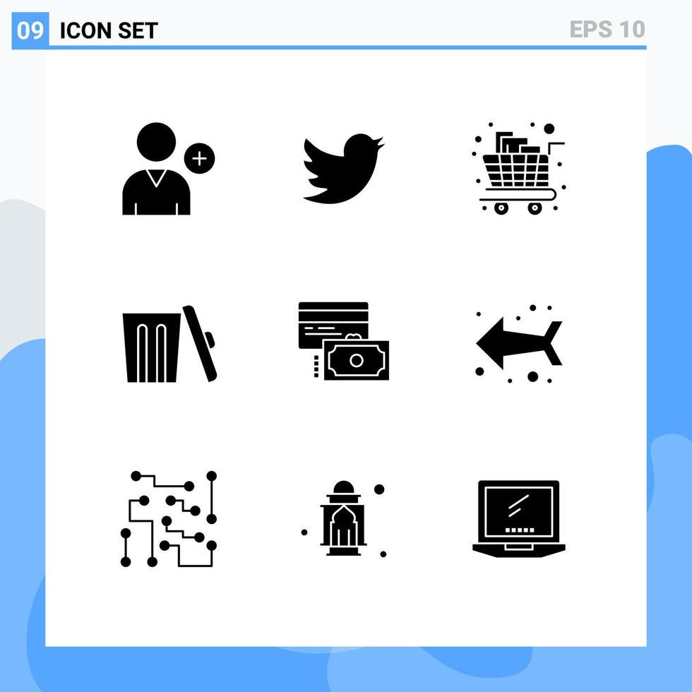 paquete de 9 signos y símbolos de glifos sólidos modernos para medios de impresión web, como tarjetas de pago, comestibles, basura, entorno, elementos de diseño de vectores editables