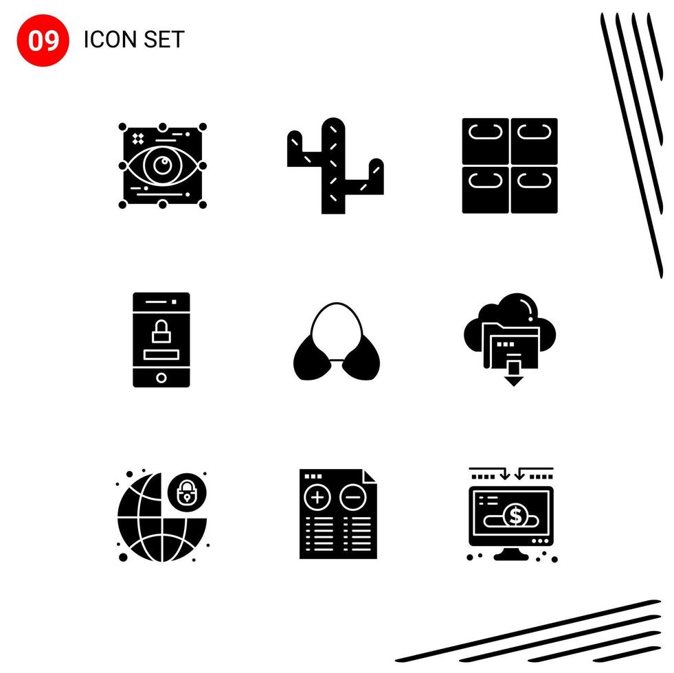 Collection of 9 Vector Icons in solid style. Pixle Perfect Glyph Symbols for Web and Mobile. Solid Icon Signs on White Background. 9 Icons.