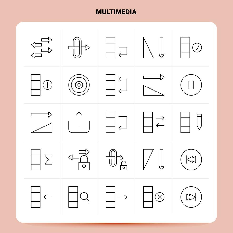 esquema 25 conjunto de iconos multimedia. conjunto de iconos negros de diseño de estilo de línea vectorial. paquete de pictogramas lineales. ilustración vectorial de diseño de ideas de negocios web y móviles. vector