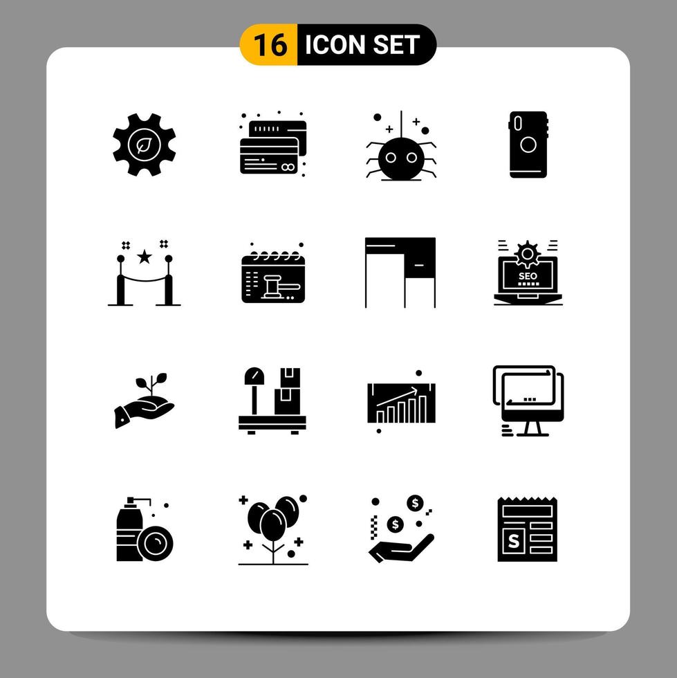 Universal Icon Symbols Group of 16 Modern Solid Glyphs of barrier rope back side bug mobile phone Editable Vector Design Elements