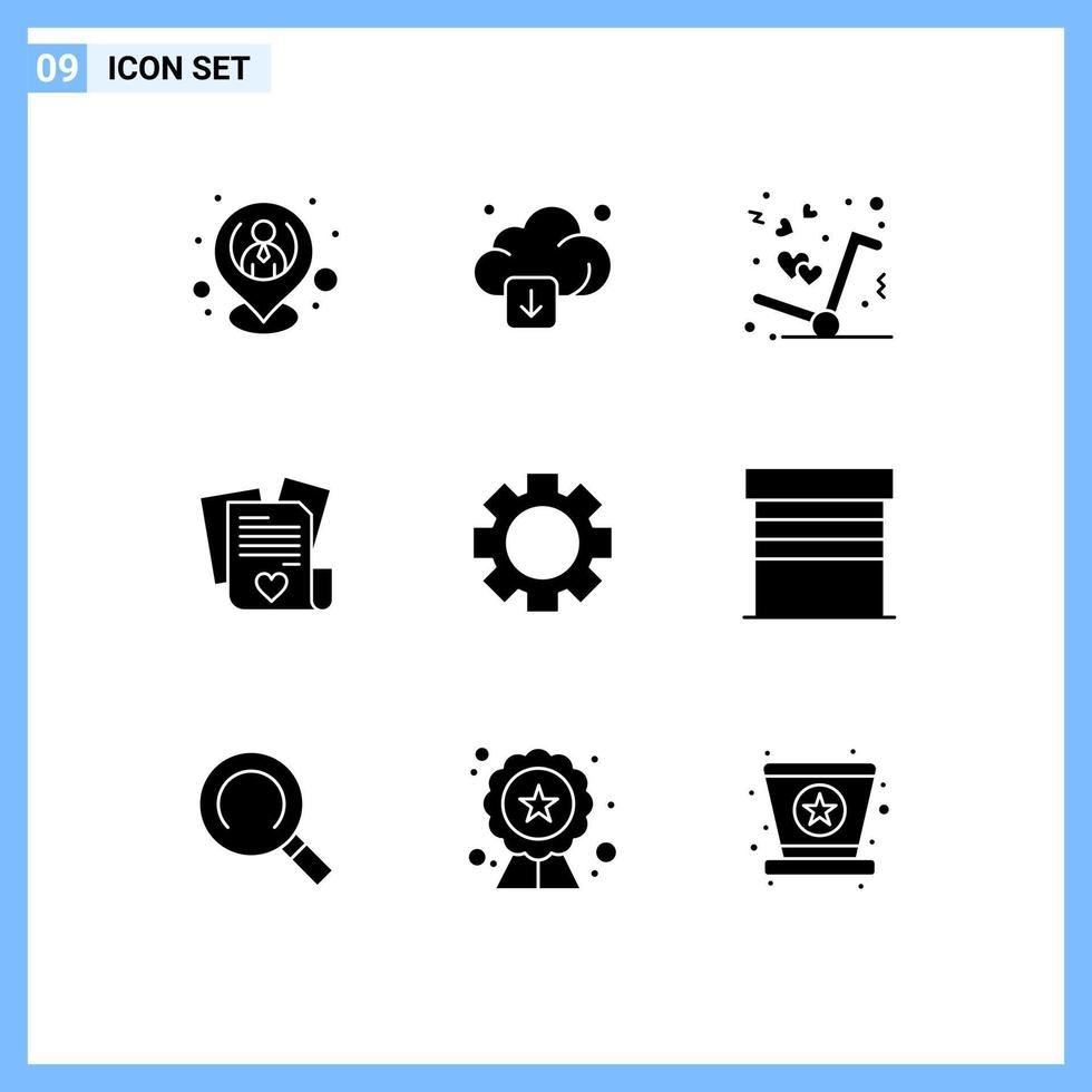 User Interface Pack of 9 Basic Solid Glyphs of gear heart technology love love Editable Vector Design Elements