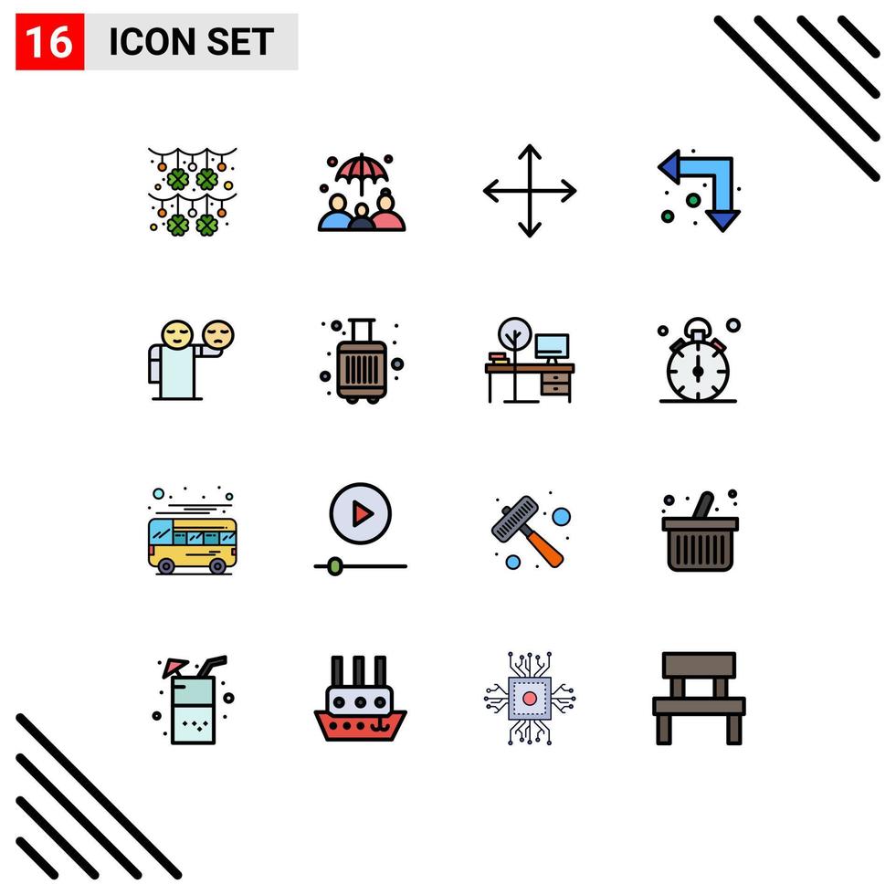 16 Universal Flat Color Filled Lines Set for Web and Mobile Applications emoji man directions down arrows Editable Creative Vector Design Elements