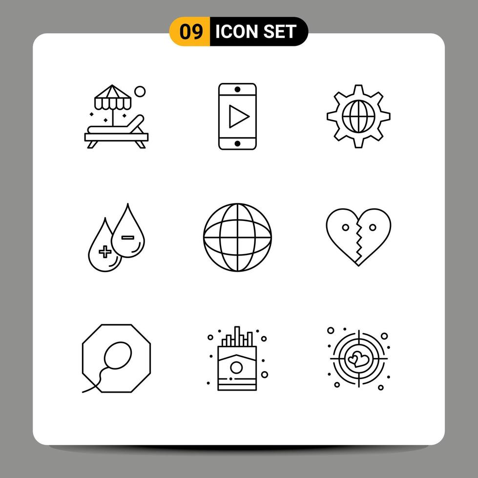 Set of 9 Modern UI Icons Symbols Signs for earth biology globe minus liquid Editable Vector Design Elements