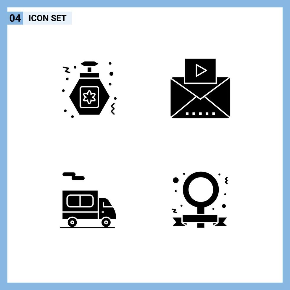 Universal Icon Symbols Group of 4 Modern Solid Glyphs of perfume truck message video campaign Editable Vector Design Elements