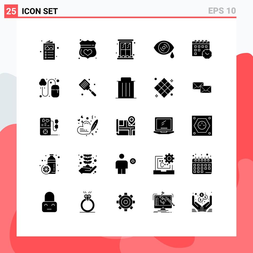 Modern Set of 25 Solid Glyphs Pictograph of calender eye shield drops home Editable Vector Design Elements
