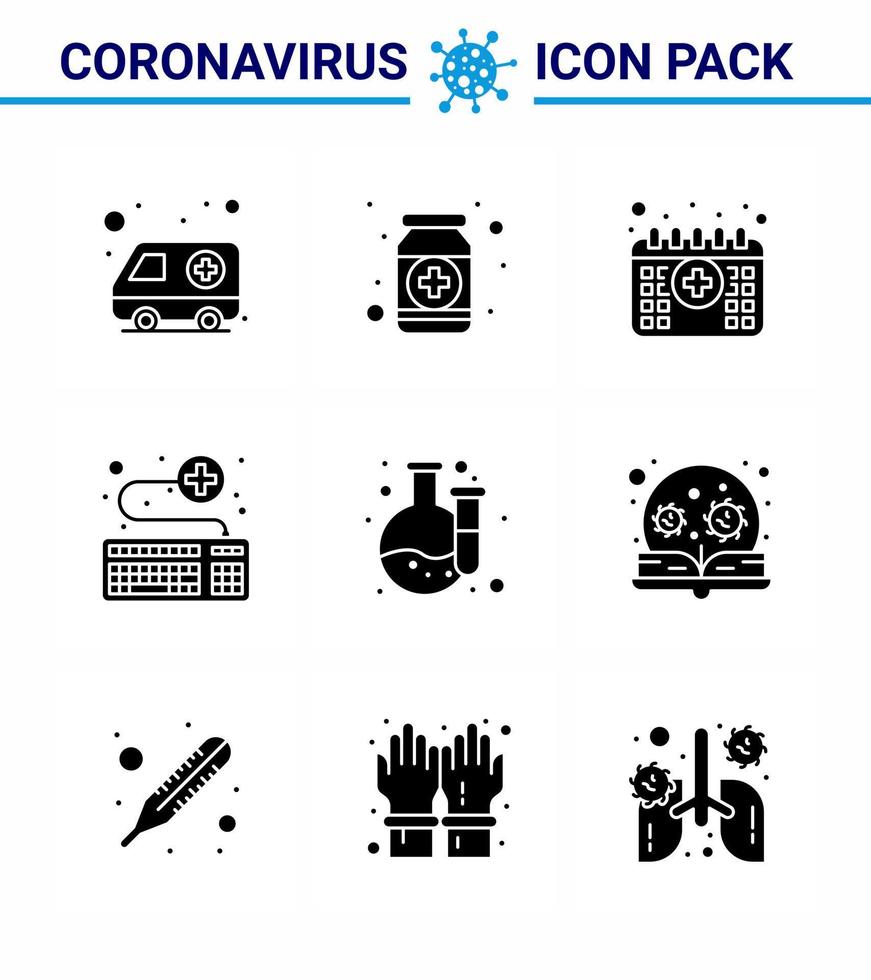 coronavirus 9 icono negro de glifo sólido establecido en el tema de la epidemia de corona contiene iconos como teclado médico medicina adjunte elementos de diseño de vector de enfermedad de coronavirus viral médico 2019nov