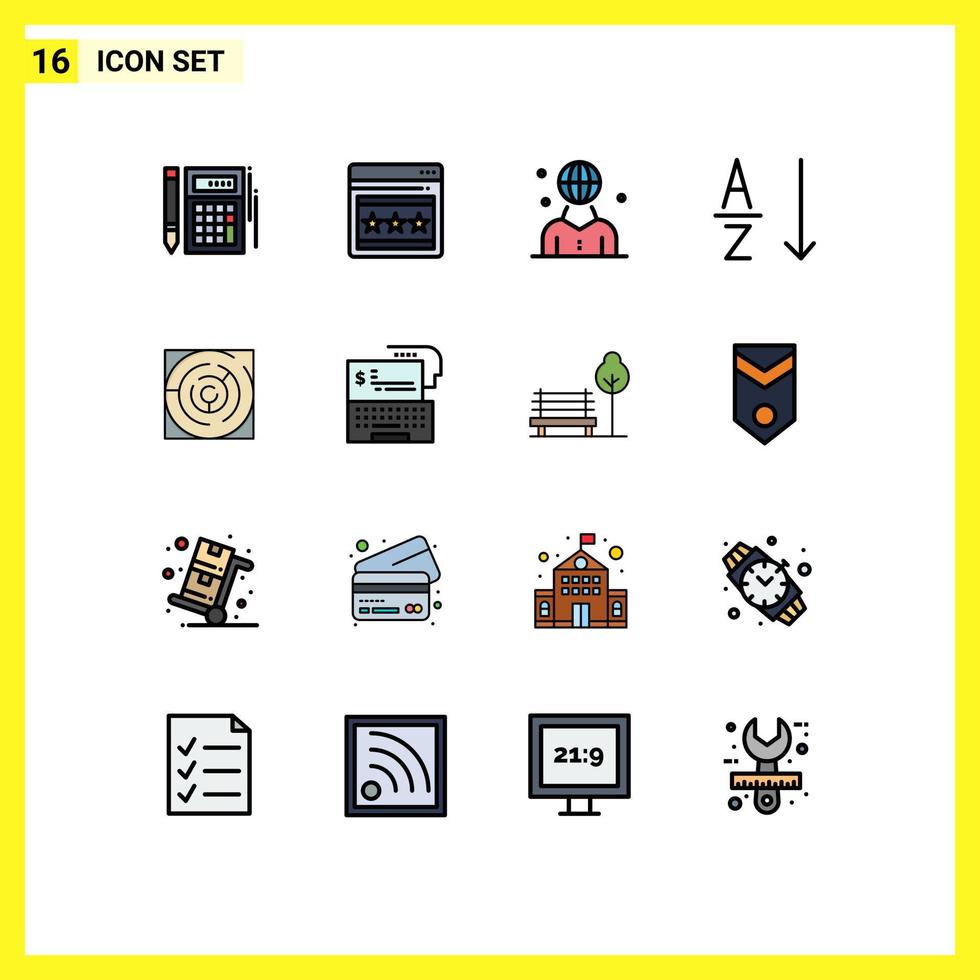 Pack of 16 creative Flat Color Filled Lines of map sort global order person Editable Creative Vector Design Elements