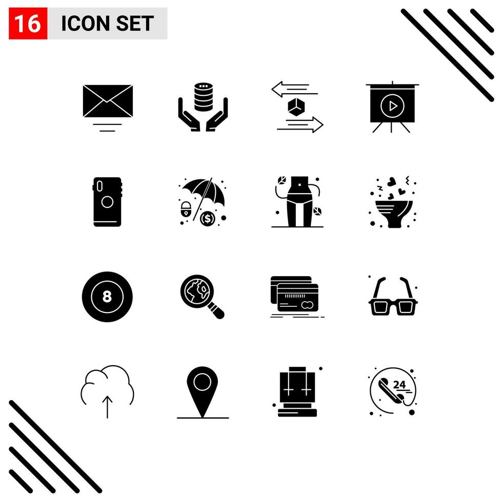 Set of 16 Vector Solid Glyphs on Grid for smart phone video box presentation shipping Editable Vector Design Elements