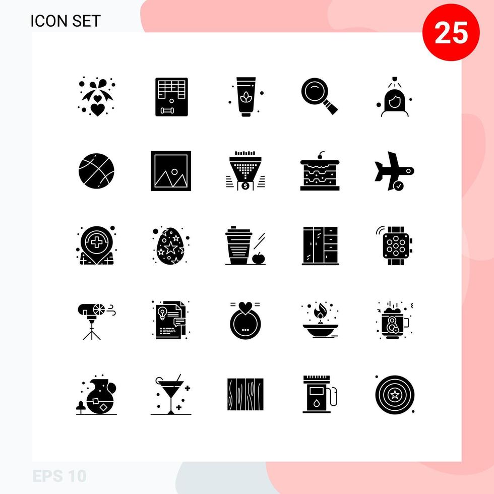 Group of 25 Solid Glyphs Signs and Symbols for cleaning shower lotus woman magnifying Editable Vector Design Elements