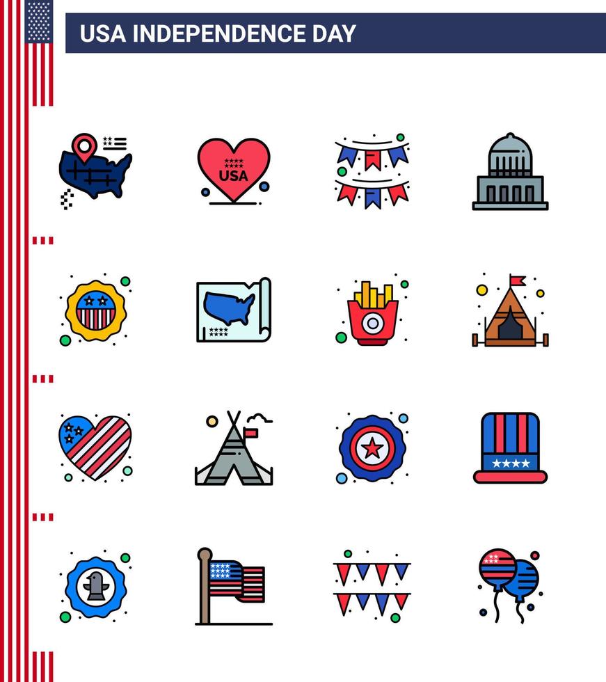 4th July USA Happy Independence Day Icon Symbols Group of 16 Modern Flat Filled Lines of security usa buntings landmark building Editable USA Day Vector Design Elements