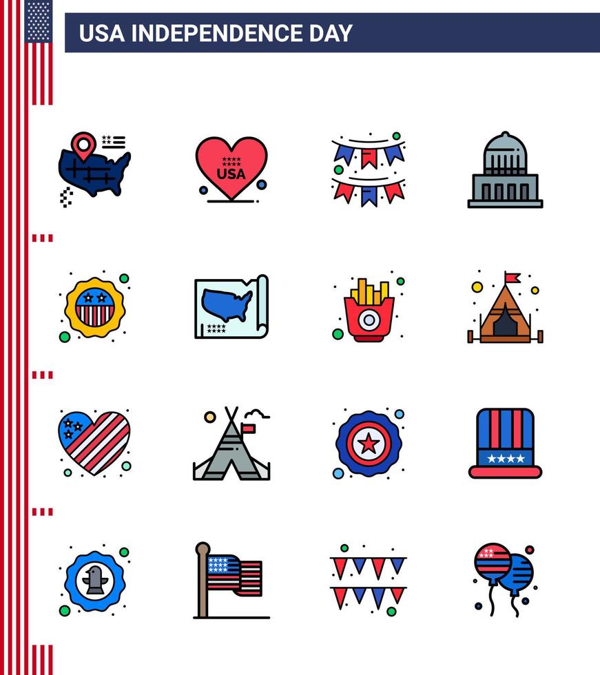 4 de julio estados unidos feliz día de la independencia icono símbolos grupo de 16 líneas planas modernas llenas de seguridad estados unidos empavesados edificio emblemático editable día de estados unidos elementos de diseño vectorial vector