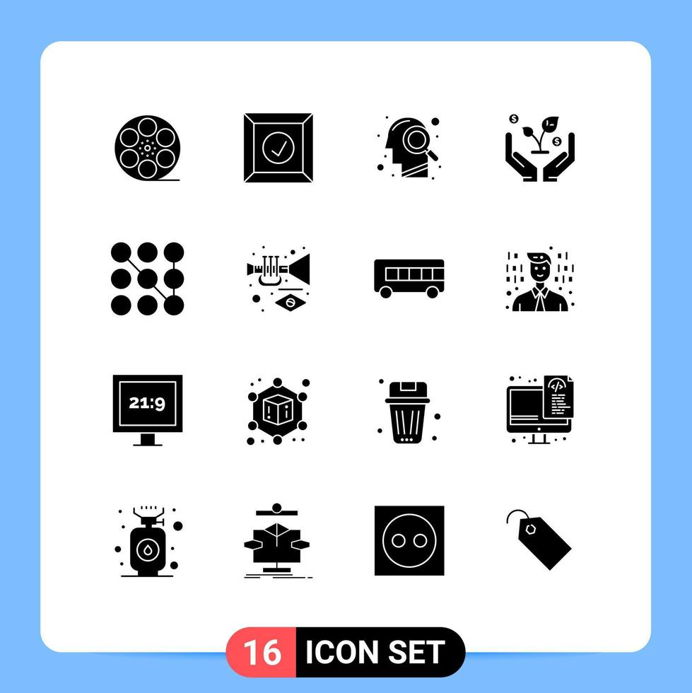 Modern Set of 16 Solid Glyphs and symbols such as instrument pattern magnifying glass lock invest Editable Vector Design Elements