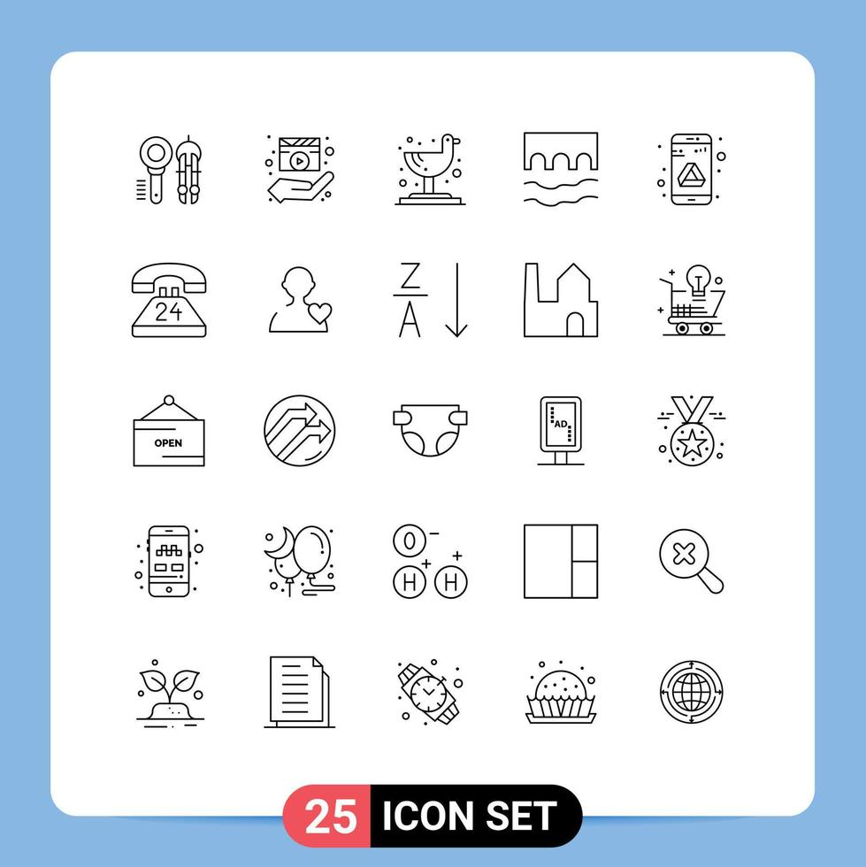 25 Universal Line Signs Symbols of river historic media player cross tropical Editable Vector Design Elements