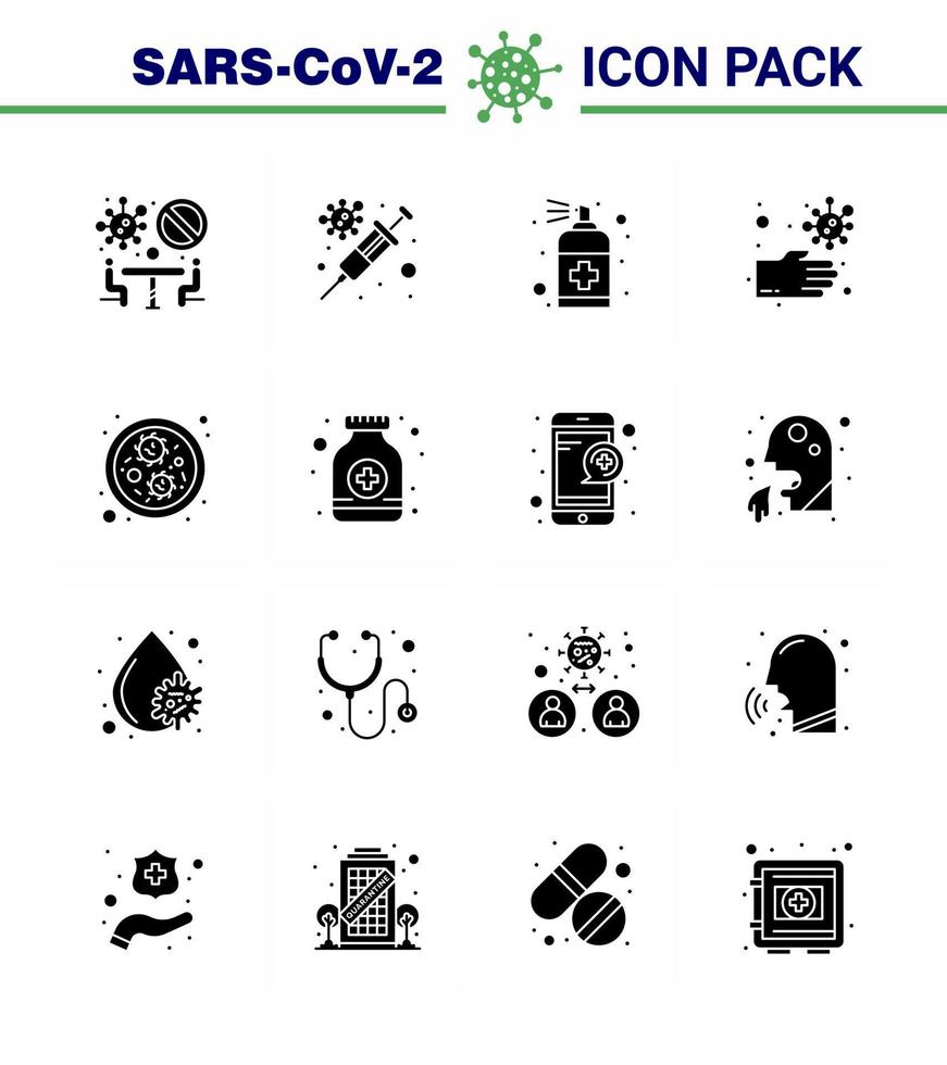 CORONAVIRUS 16 Solid Glyph Black Icon set on the theme of Corona epidemic contains icons such as bacteria hands spray dirty soap viral coronavirus 2019nov disease Vector Design Elements