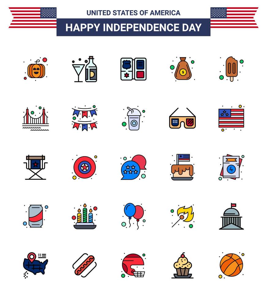 USA Happy Independence DayPictogram Set of 25 Simple Flat Filled Lines of popsicle cash book bag dollar Editable USA Day Vector Design Elements