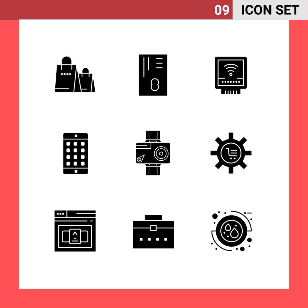 Mobile Interface Solid Glyph Set of 9 Pictograms of digital camera mechanical password mobile Editable Vector Design Elements