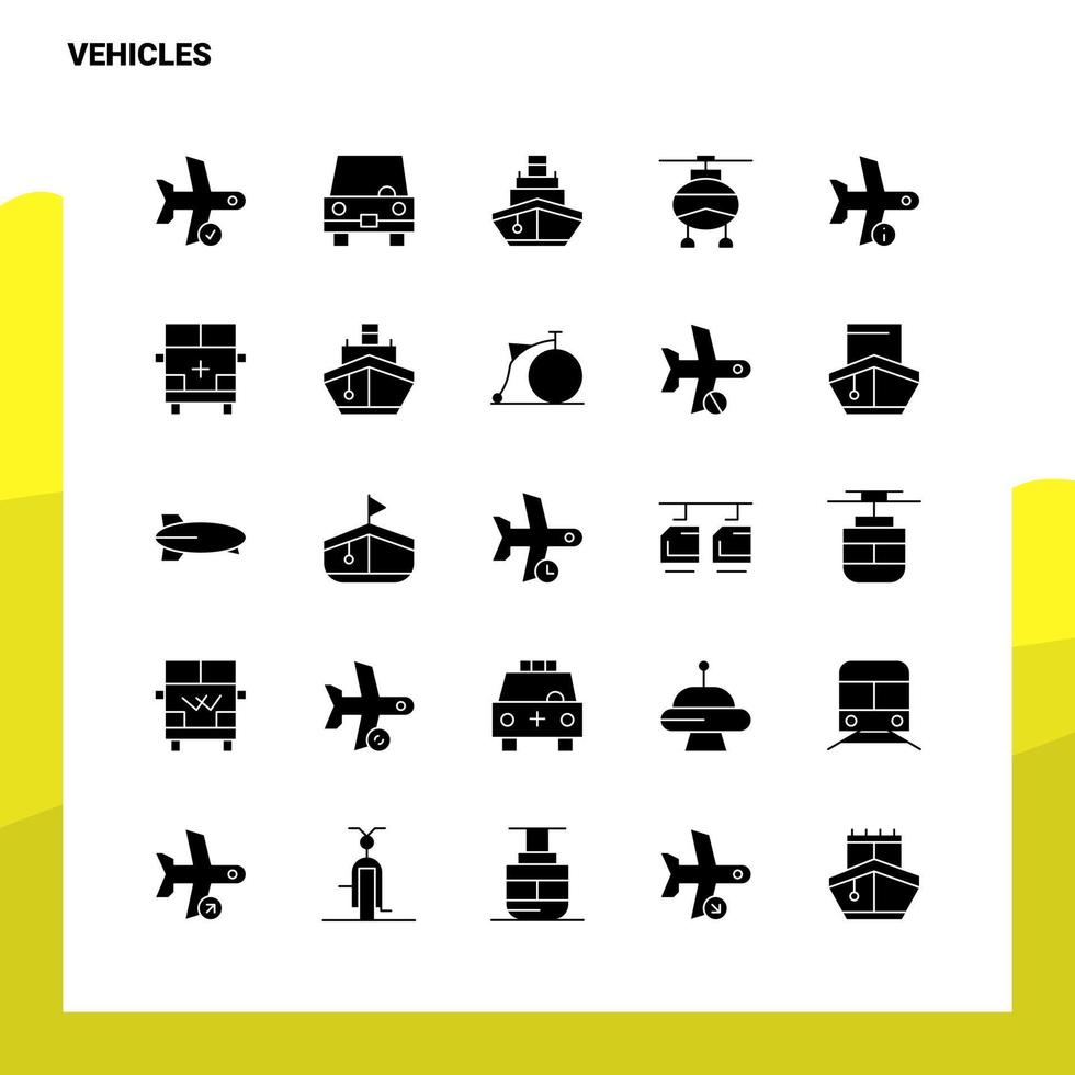 conjunto de iconos de 25 vehículos plantilla de ilustración de vector de icono de glifo sólido para ideas web y móviles para empresa comercial