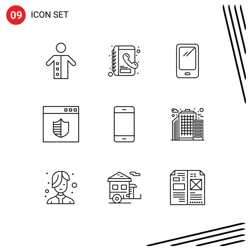 9 User Interface Outline Pack of modern Signs and Symbols of computers shield phone secure iphone Editable Vector Design Elements