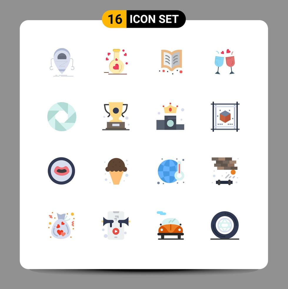 Modern Set of 16 Flat Colors and symbols such as aperture drink wedding love reading Editable Pack of Creative Vector Design Elements
