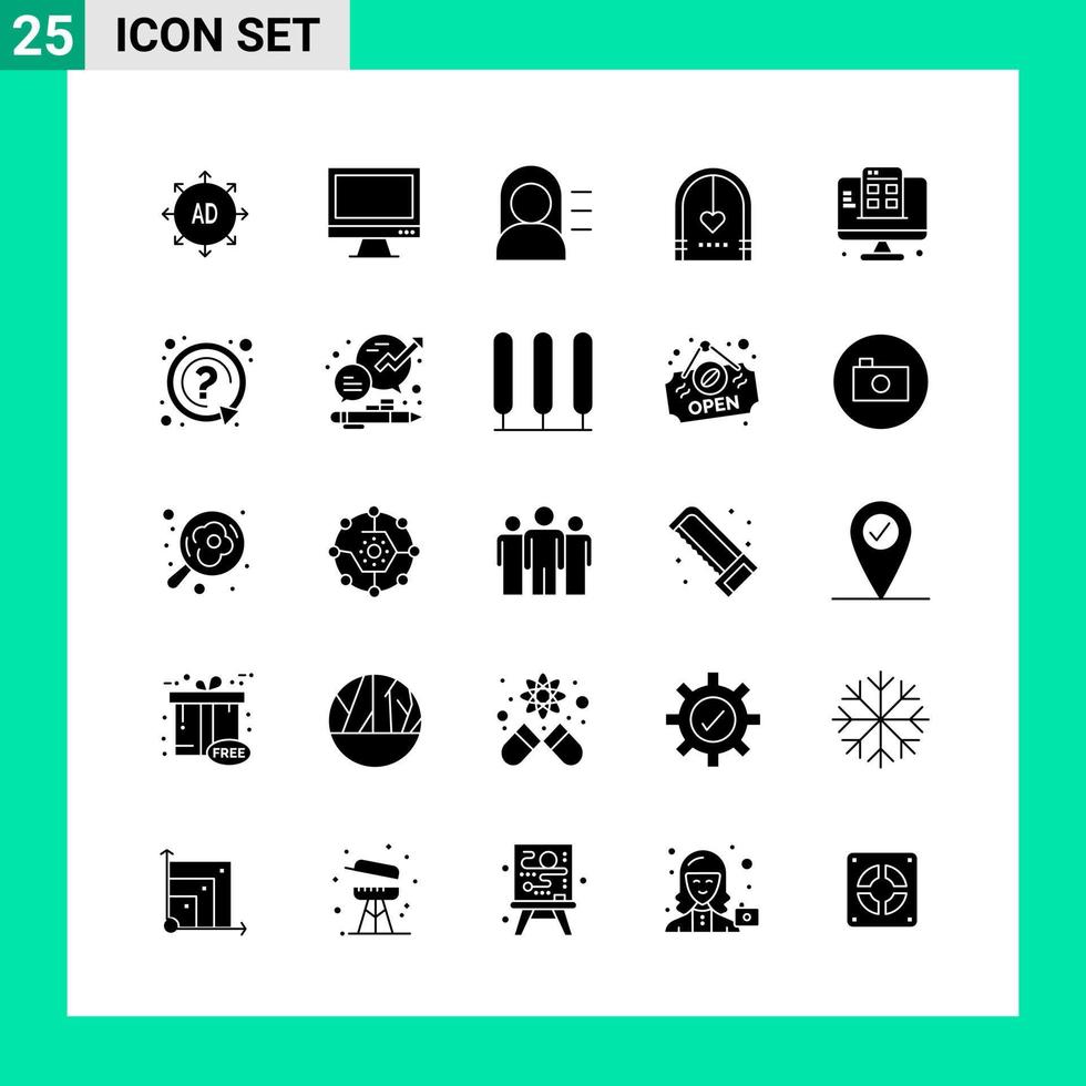 Pack of 25 Solid Style Icon Set. Glyph Symbols for print. Creative Signs Isolated on White Background. 25 Icon Set. vector