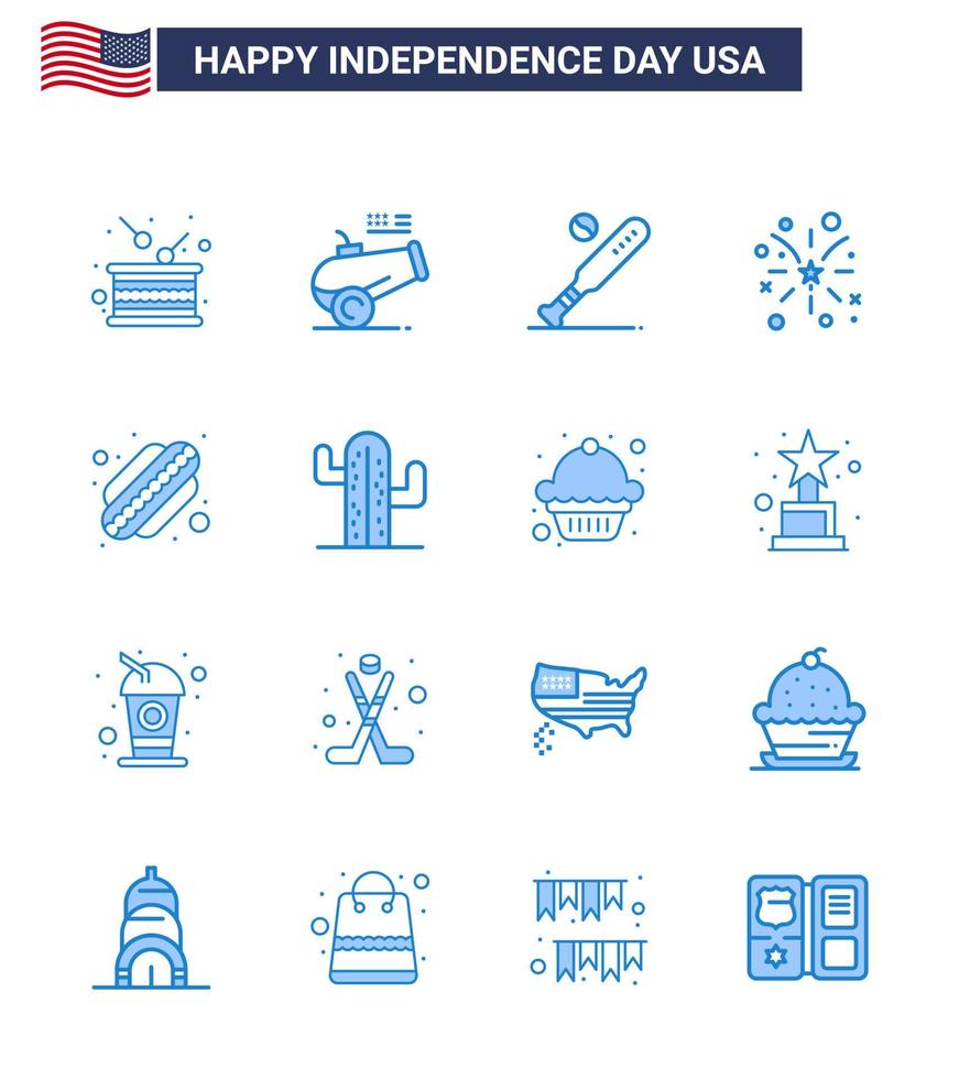 16 USA Blue Pack of Independence Day Signs and Symbols of usa fire mortar firework sports Editable USA Day Vector Design Elements