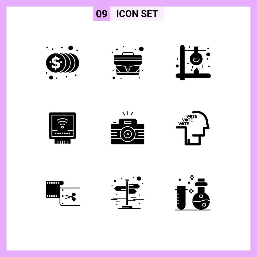 9 User Interface Solid Glyph Pack of modern Signs and Symbols of camera plumber chemical mechanical science Editable Vector Design Elements