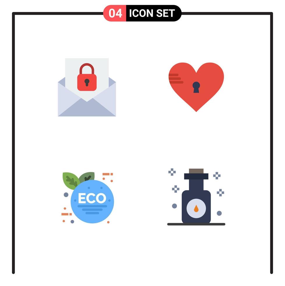 Set of 4 Vector Flat Icons on Grid for communication eco green lock heart green leaf Editable Vector Design Elements