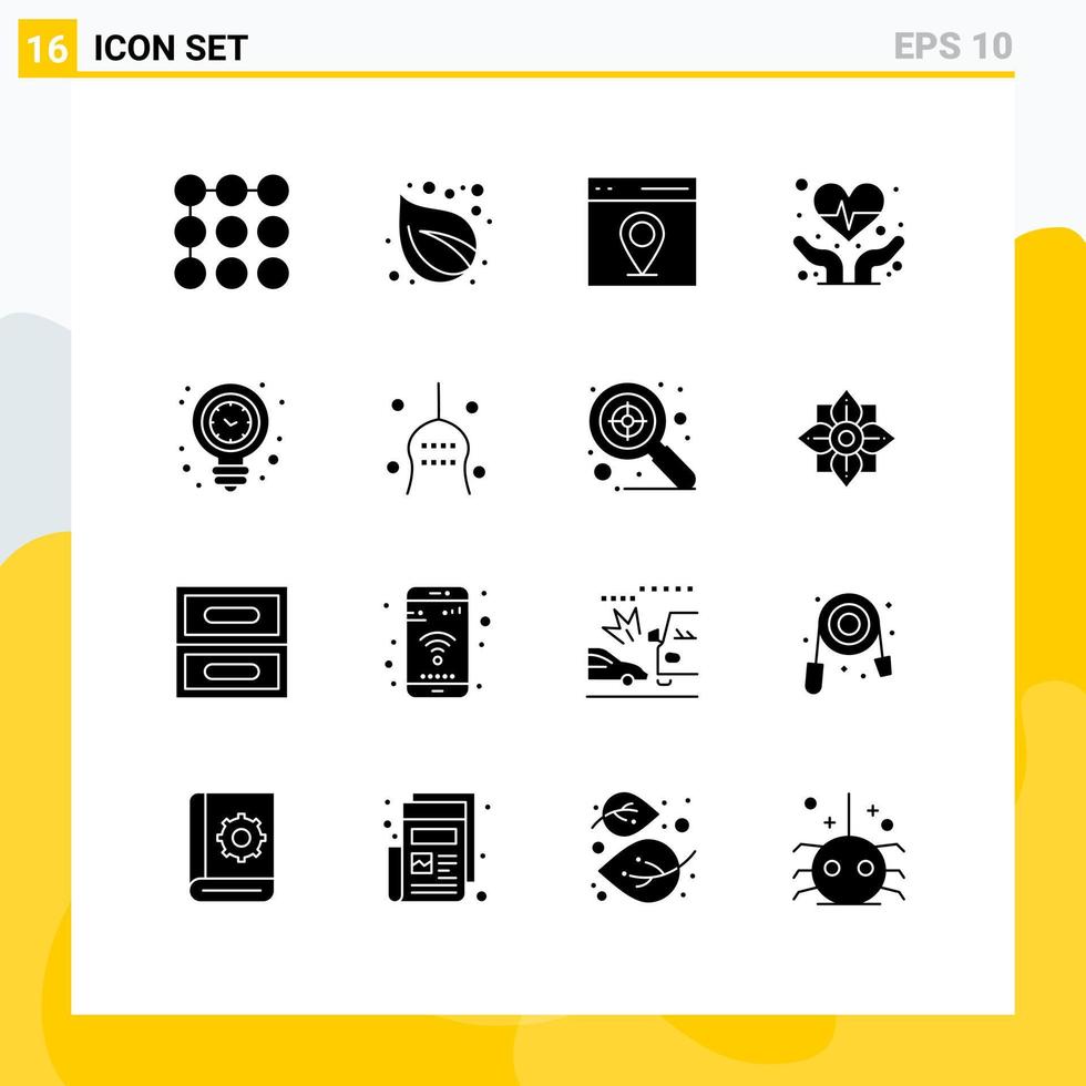 Modern Set of 16 Solid Glyphs Pictograph of light energy interface clock heart care Editable Vector Design Elements