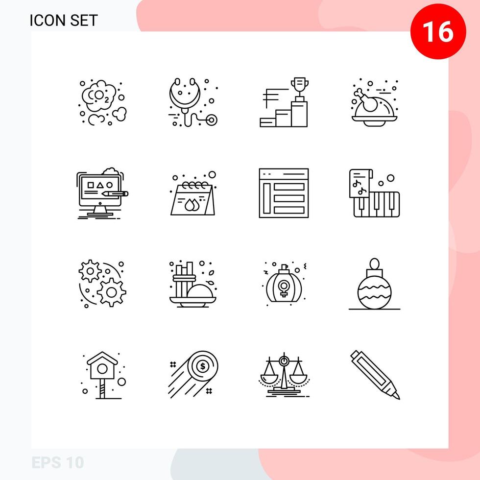 Set of 16 Vector Outlines on Grid for computer chicken achievements turkey holiday Editable Vector Design Elements