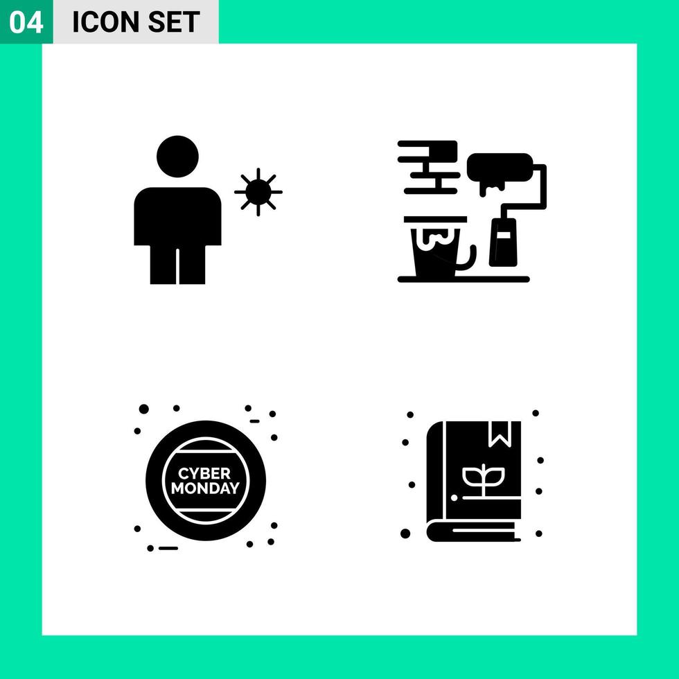 paquete de 4 conjuntos de iconos de estilo sólido. símbolos de glifos para imprimir. signos creativos aislados sobre fondo blanco. 4 conjunto de iconos. vector