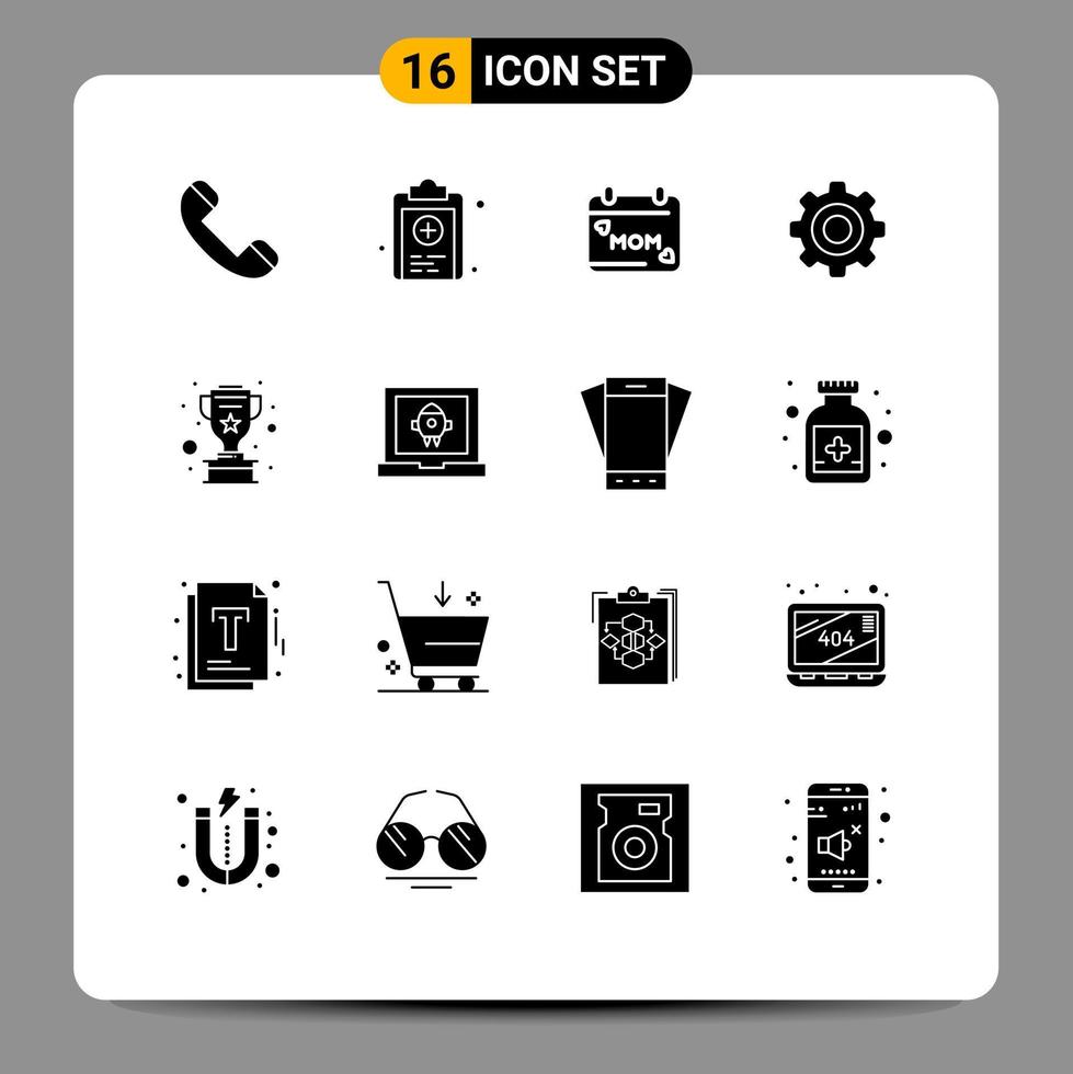 16 Universal Solid Glyphs Set for Web and Mobile Applications cup wheel calendar gear basic Editable Vector Design Elements