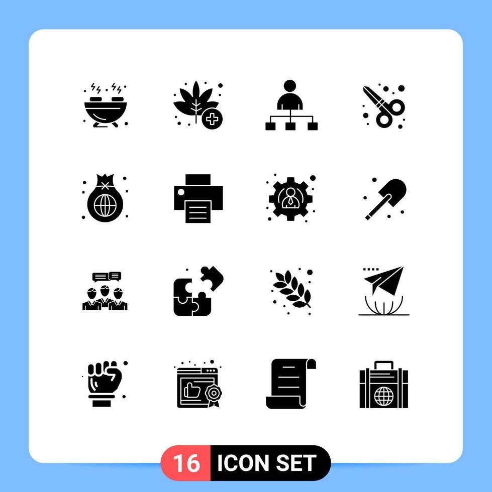 grupo de símbolos de iconos universales de 16 glifos sólidos modernos de bolsa de cine de negocios global herramienta de tijera elementos de diseño vectorial editables vector
