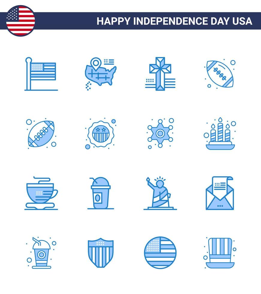 Blue Pack of 16 USA Independence Day Symbols of flag security cross american sports Editable USA Day Vector Design Elements