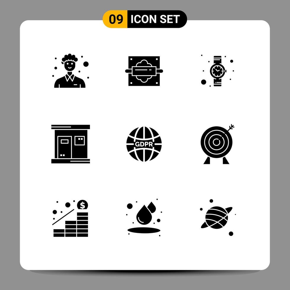 Mobile Interface Solid Glyph Set of 9 Pictograms of internet gdpr hand watch wellness sauna Editable Vector Design Elements