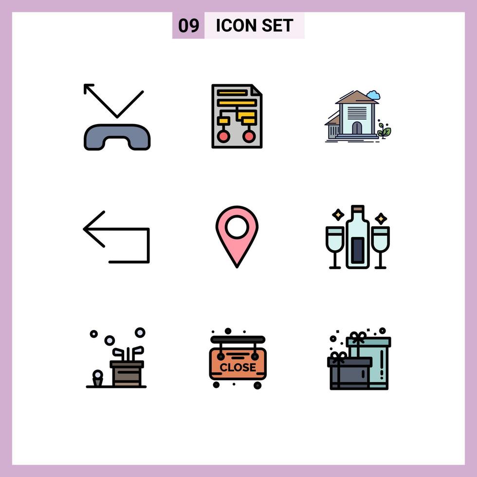 Pack of 9 creative Filledline Flat Colors of location left home back office Editable Vector Design Elements
