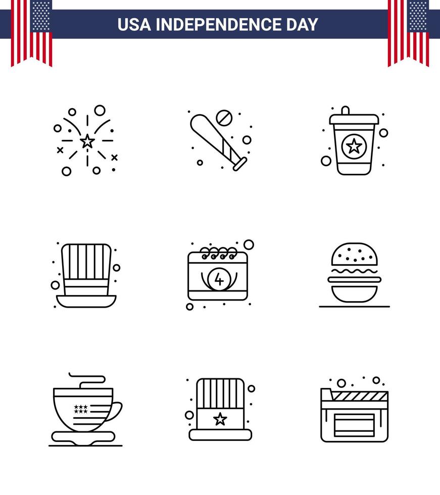 Pack of 9 USA Independence Day Celebration Lines Signs and 4th July Symbols such as calendar usa usa presidents day Editable USA Day Vector Design Elements