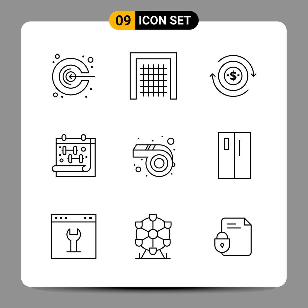 9 Black Icon Pack Outline Symbols Signs for Responsive designs on white background. 9 Icons Set. vector