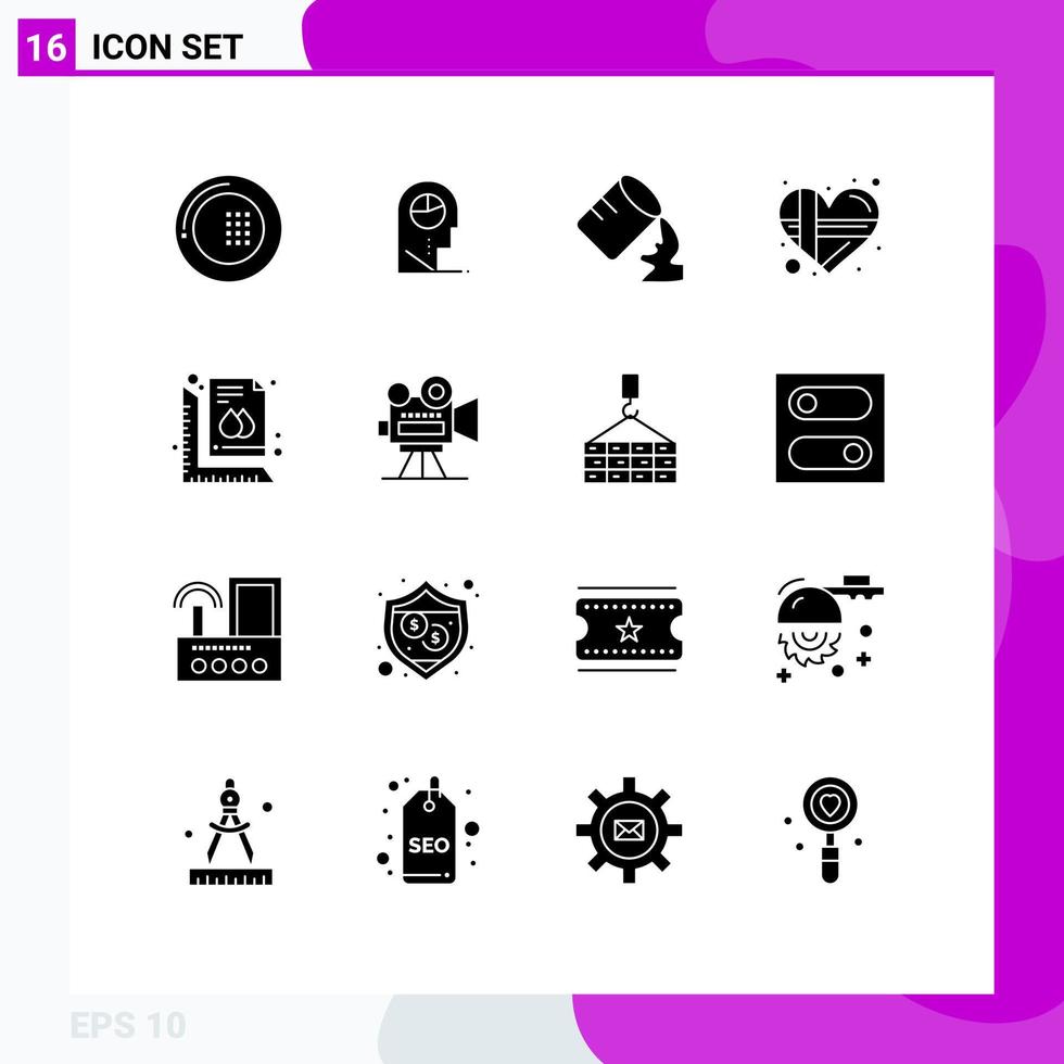 Set of 16 Vector Solid Glyphs on Grid for ruler love hat heart present Editable Vector Design Elements