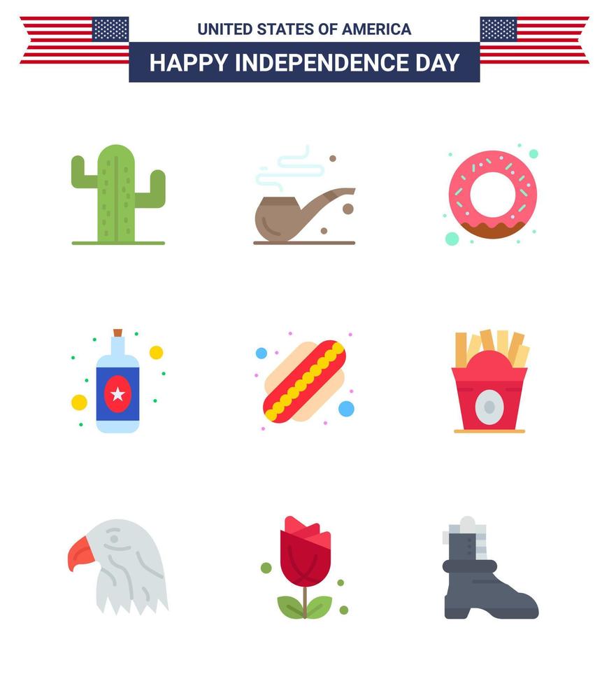 9 señales planas para el día de la independencia de estados unidos fastfood estados comida hotdog vino elementos de diseño vectorial editables del día de estados unidos vector