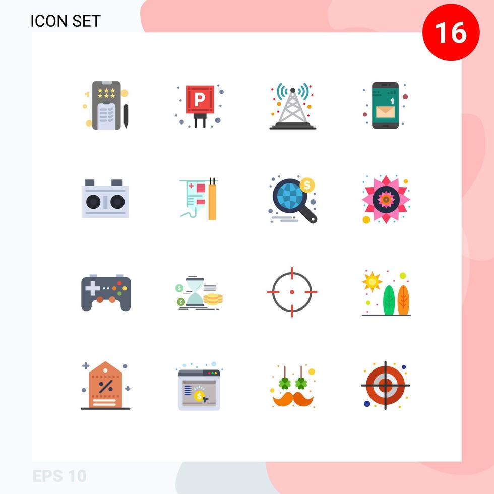 Universal Icon Symbols Group of 16 Modern Flat Colors of media mobile antenna message radio antenna Editable Pack of Creative Vector Design Elements