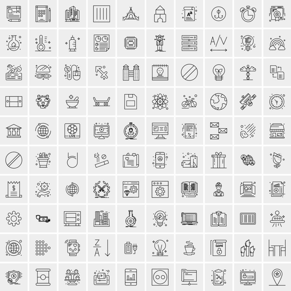 100 Universal Black Line Icons on White Background vector