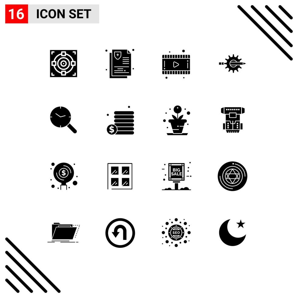 16 User Interface Solid Glyph Pack of modern Signs and Symbols of search gear film development writing Editable Vector Design Elements
