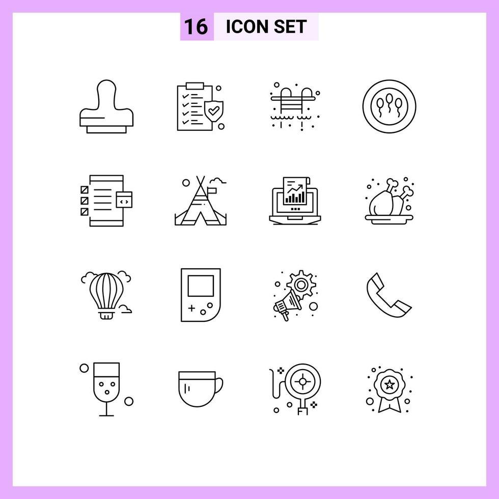 Mobile Interface Outline Set of 16 Pictograms of tent free development swimming pool develop app Editable Vector Design Elements