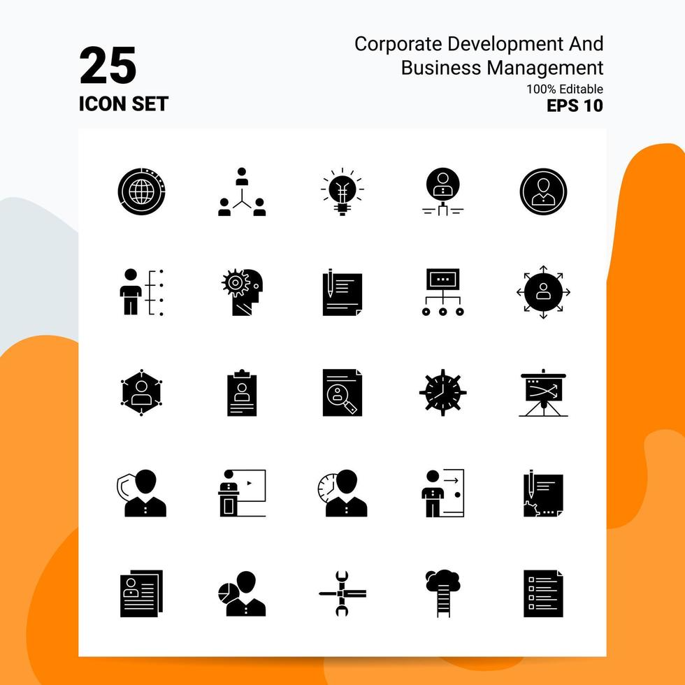 25 Corporate Development and Business Management Icon Set 100 Editable EPS 10 Files Business Logo Concept Ideas Solid Glyph icon design vector