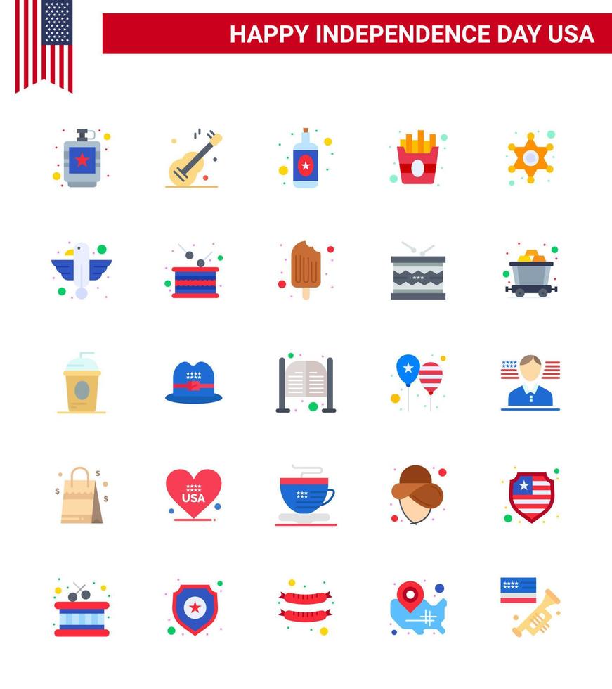 Happy Independence Day Pack of 25 Flats Signs and Symbols for star men american fries fast Editable USA Day Vector Design Elements